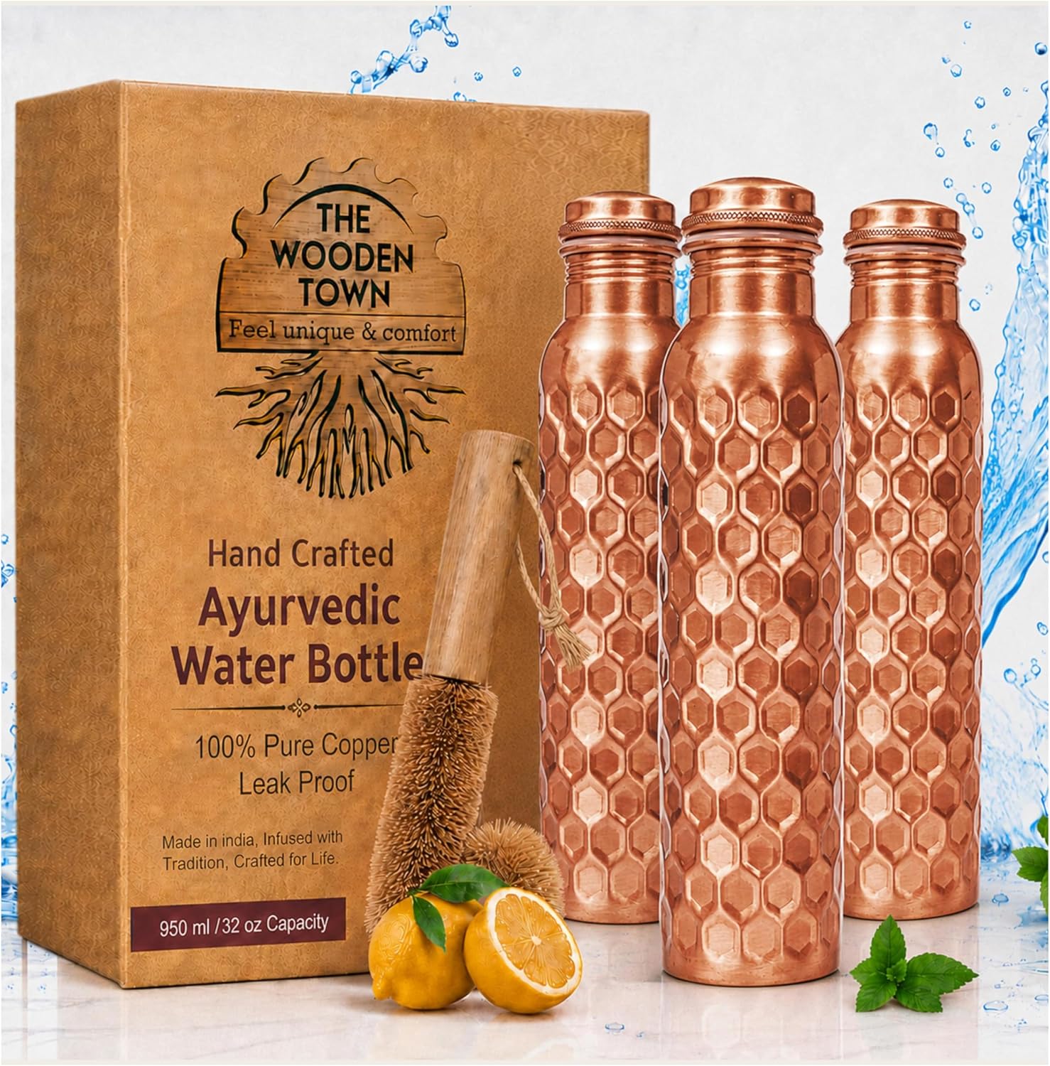 Ayurvedic & Herbal Wellness Kits - 32oz Kupfer-Wasserflaschen-Set (3 Stück), Ayurvedische Trinkgefäße
